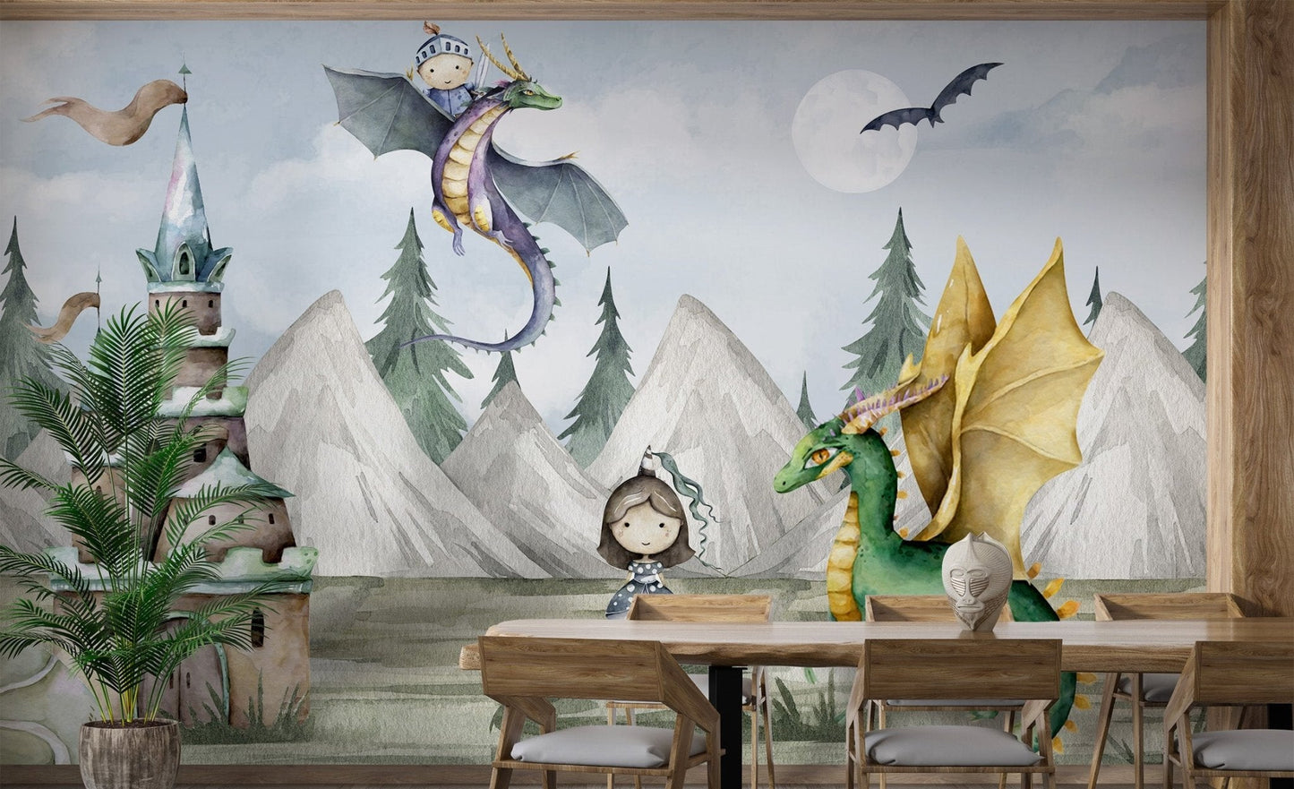 Fantasy kingdom wall mural with whimsical dragons for dining room.