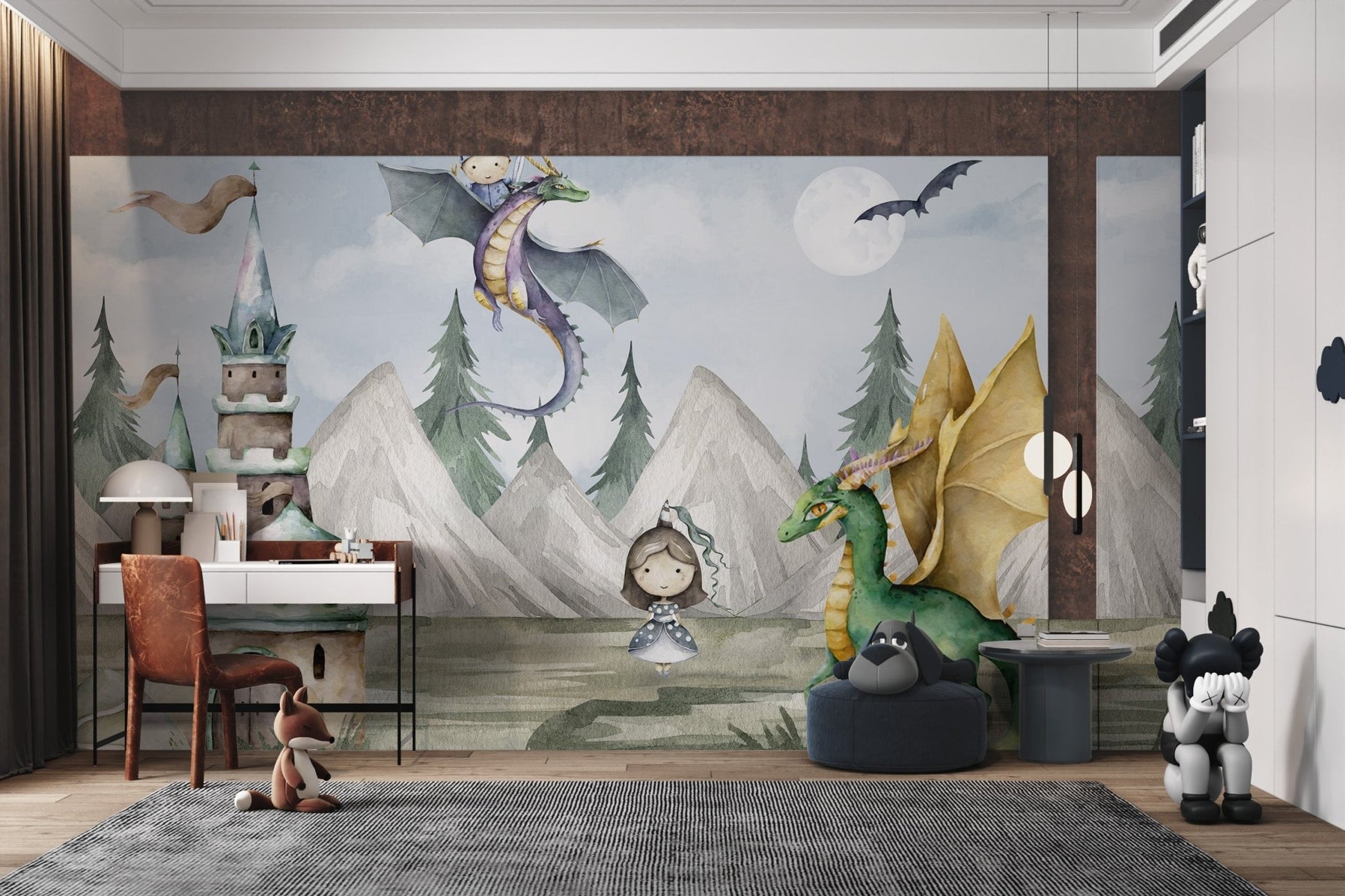 Princess and dragons mural in enchanted forest for study room.