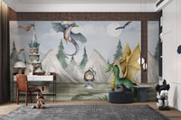 Princess and dragons mural in enchanted forest for study room.