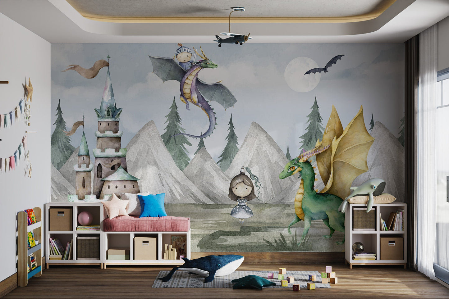 Fairytale scene mural featuring flying knight and green dragon encounter.