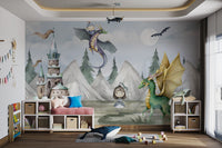 Fairytale scene mural featuring flying knight and green dragon encounter.