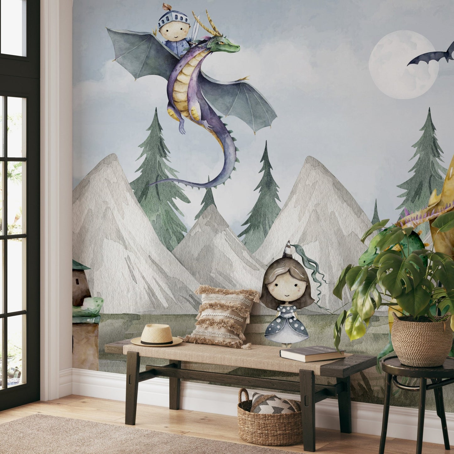 Enchanted kingdom wall mural with dragons and princess for living room.