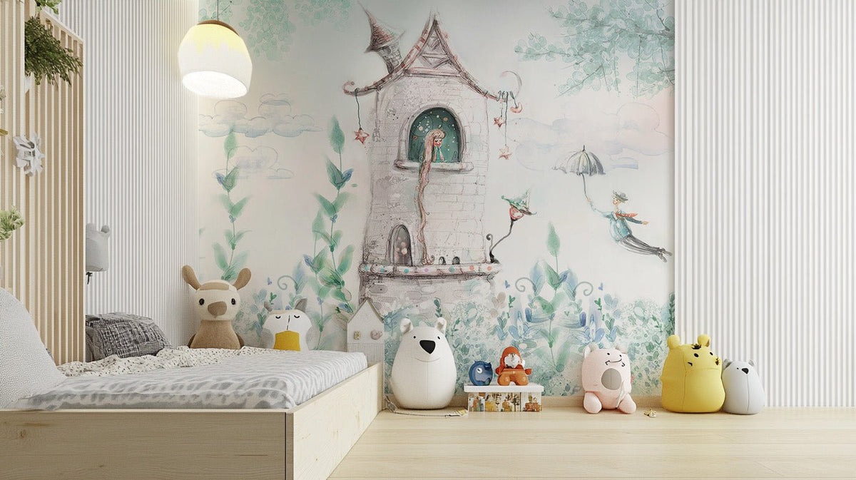 Enchanted castle garden wall mural in muted green color palette.