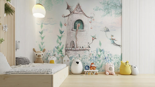 Enchanted castle garden wall mural in muted green color palette.
