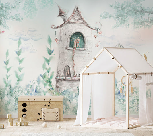 Watercolor princess castle wall mural with soft green foliage.