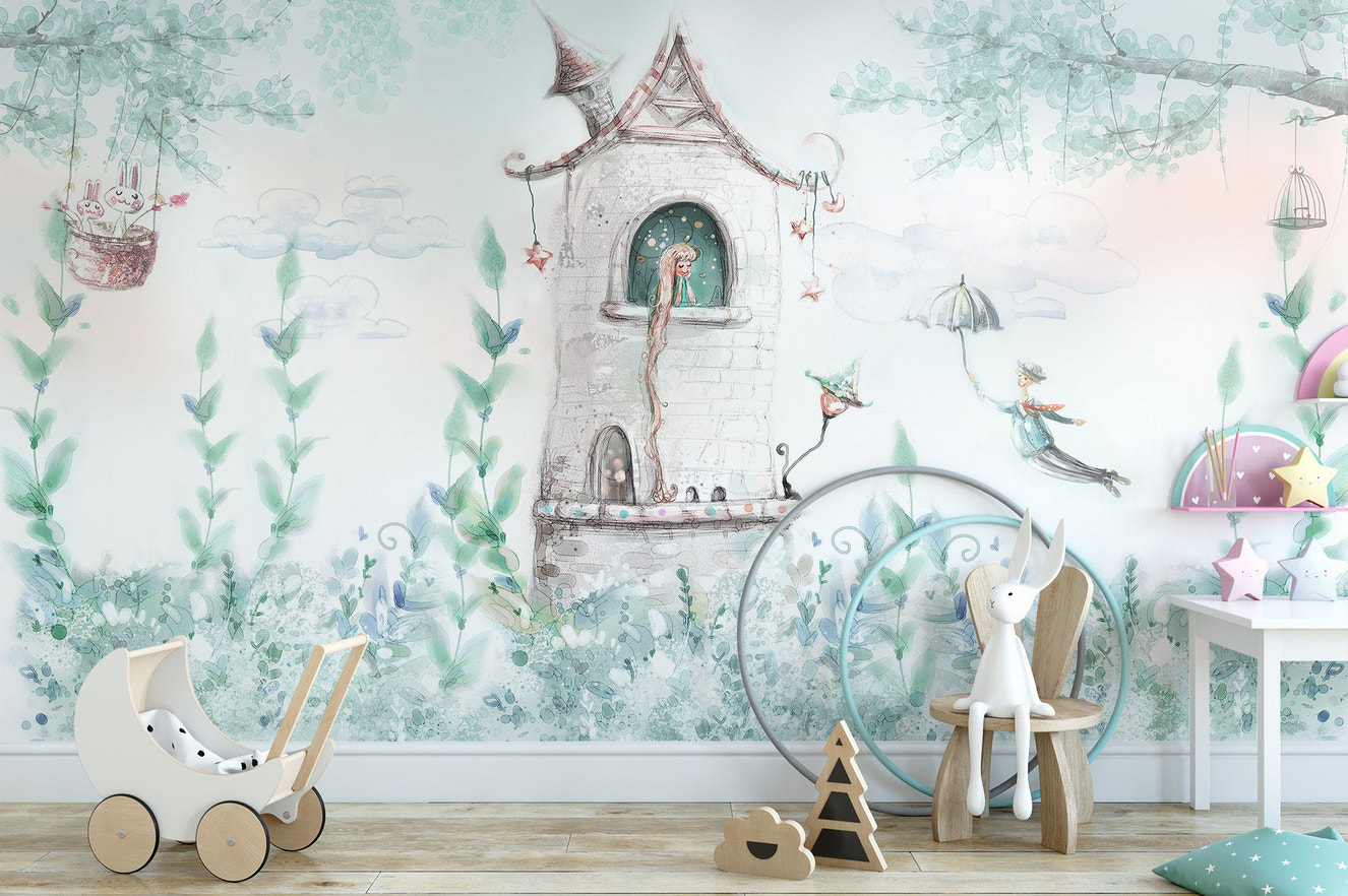 Fairytale princess castle wall mural with pastel tower illustration.