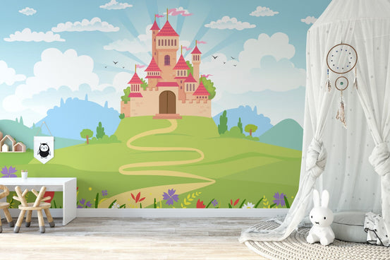 Fairytale princess castle mural for magical and dreamy kids room decor.
