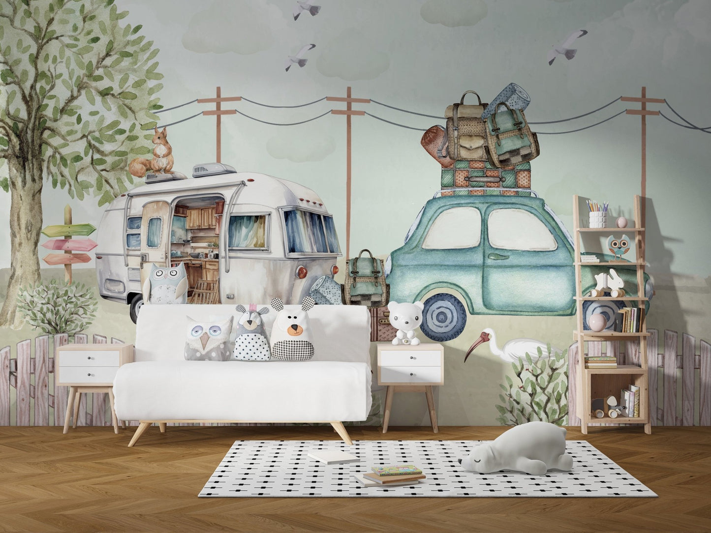 Pastel road adventure wall mural with caravan and birds.