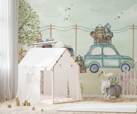 Vintage road trip wall mural with car and stacked bags.