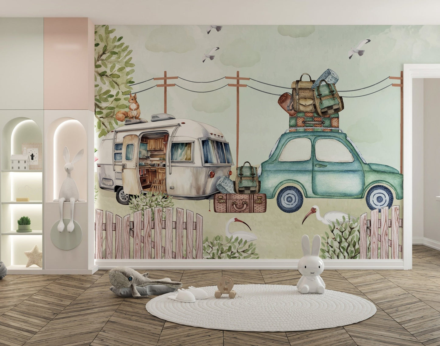 Whimsical family trip wallpaper featuring retro vehicle scene.