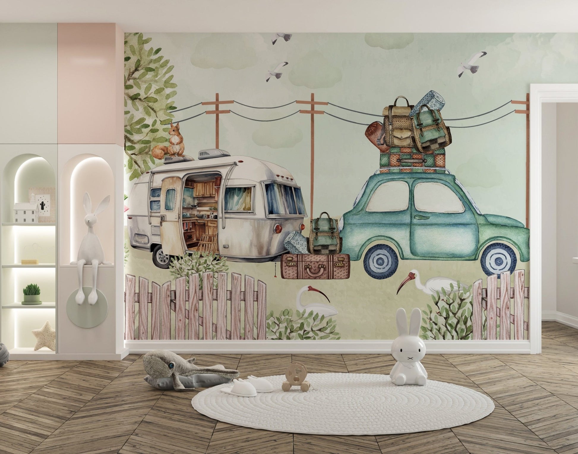 Whimsical family trip wallpaper featuring retro vehicle scene.