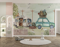 Whimsical family trip wallpaper featuring retro vehicle scene.