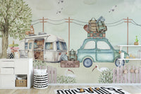 Watercolor road trip theme wallpaper with green car and luggage.