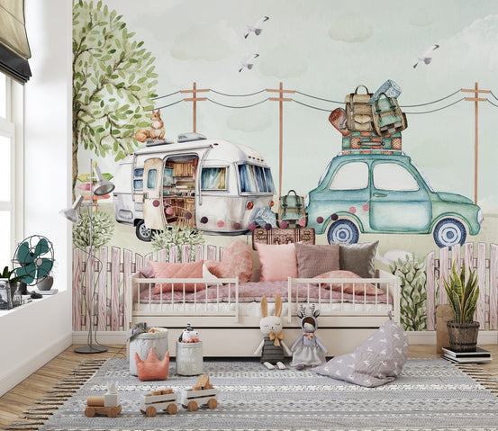 Soft green family trip wallpaper with tree and wooden fence.
