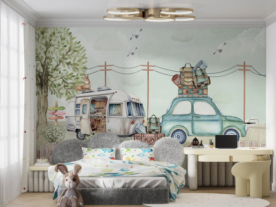 Family road trip wallpaper mural with vintage car and camper.