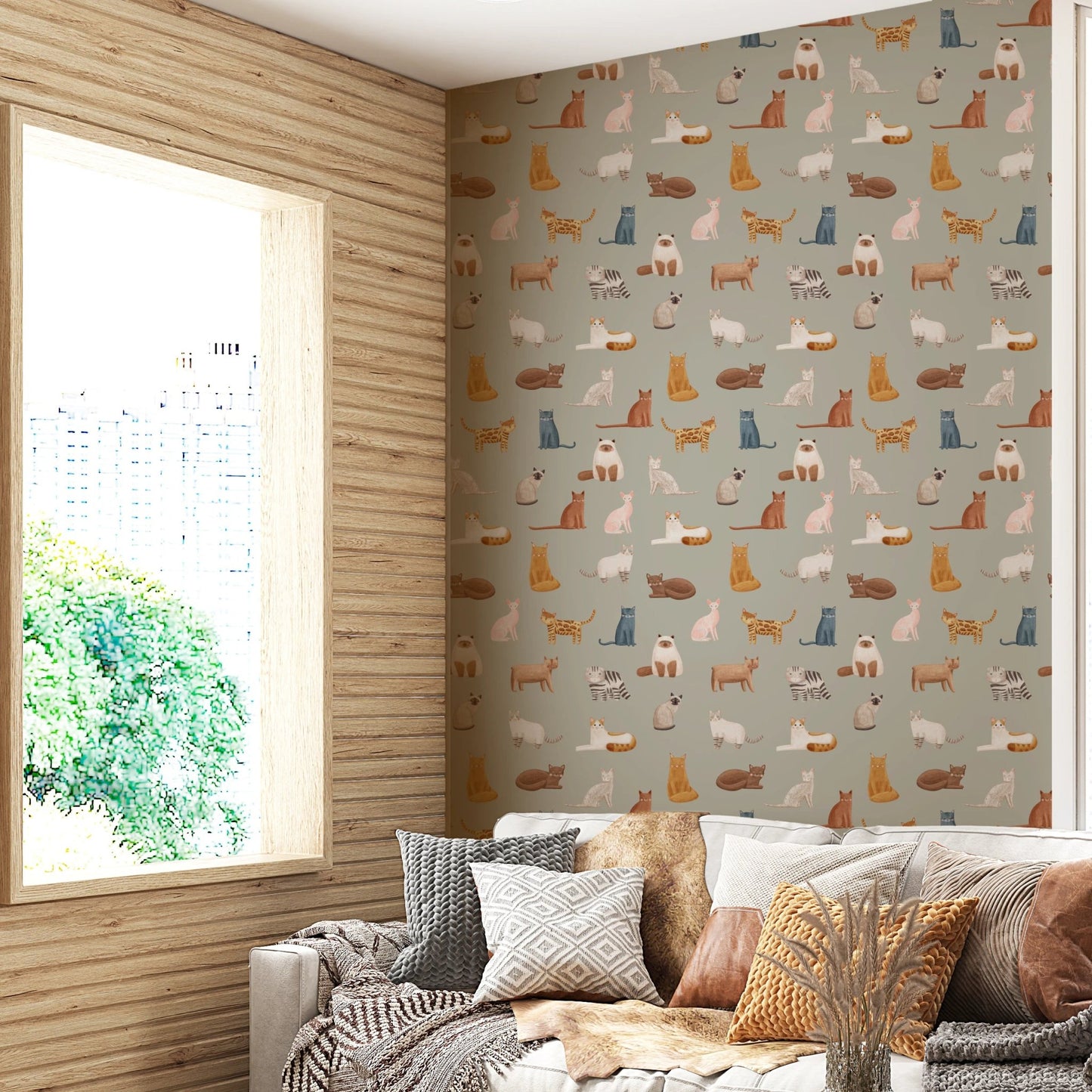 Charming calico and ginger cat design wallpaper