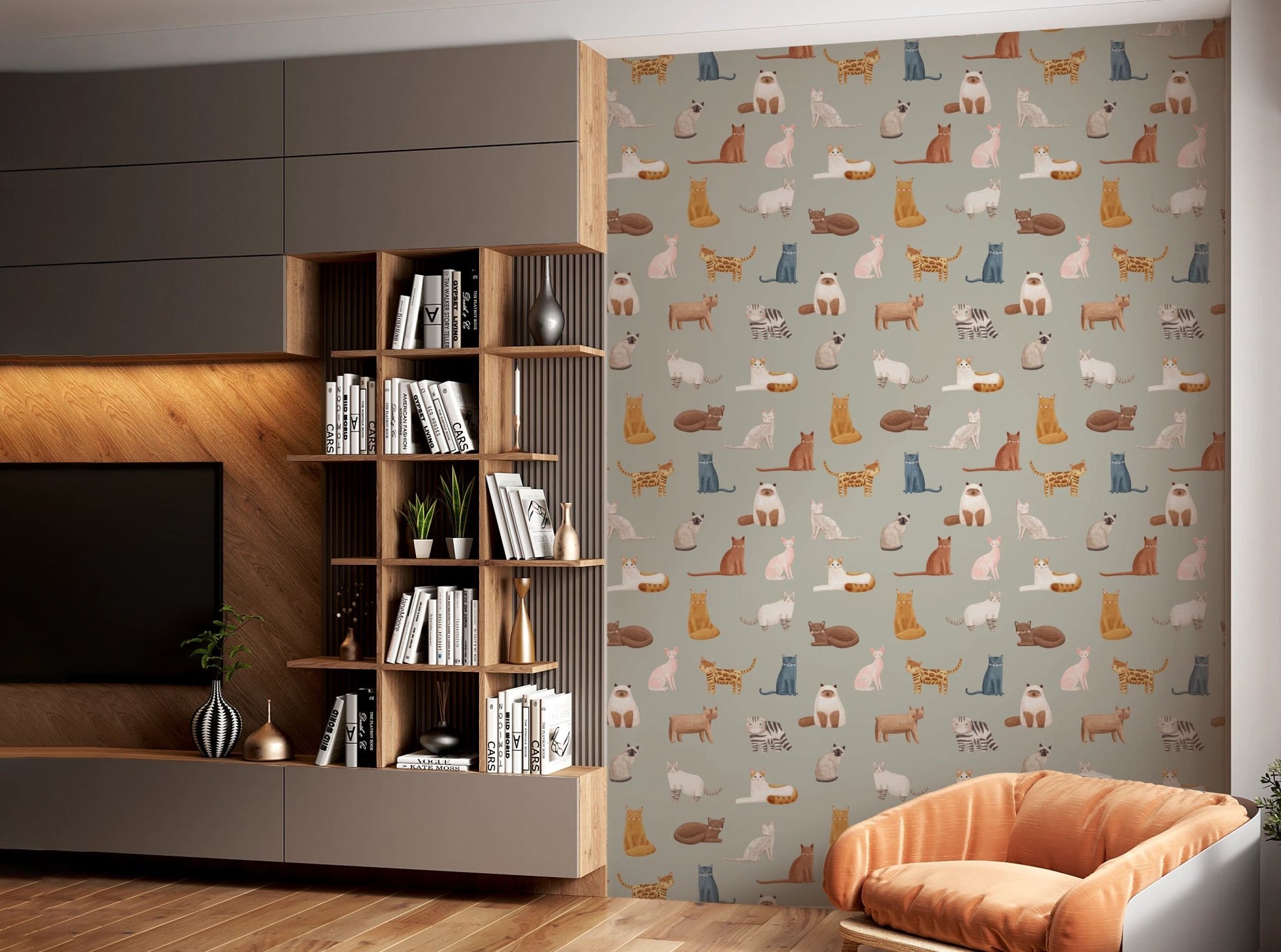 Hand painted watercolor cats on safari green wallpaper