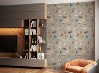 Hand painted watercolor cats on safari green wallpaper