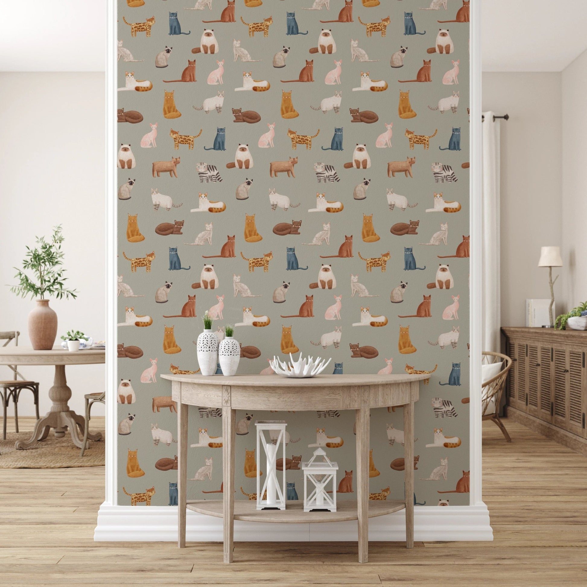 Artistic watercolor kitty motifs on wall mural