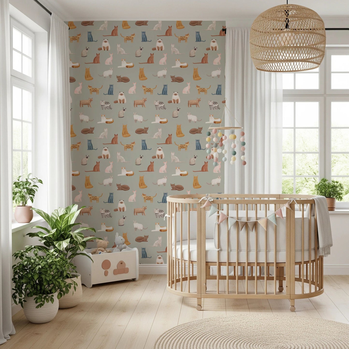 Sage green background with assorted cat wall mural