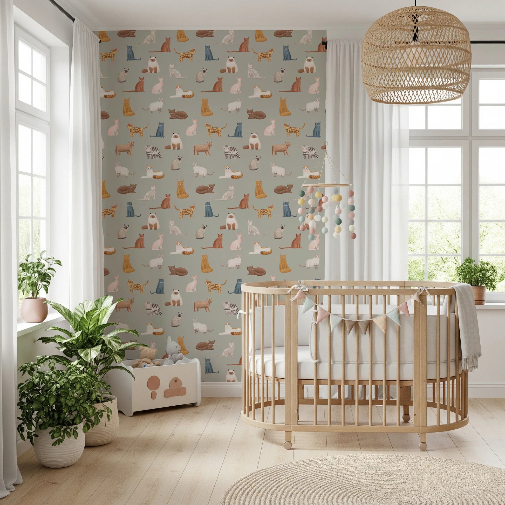 Sage green background with assorted cat wall mural