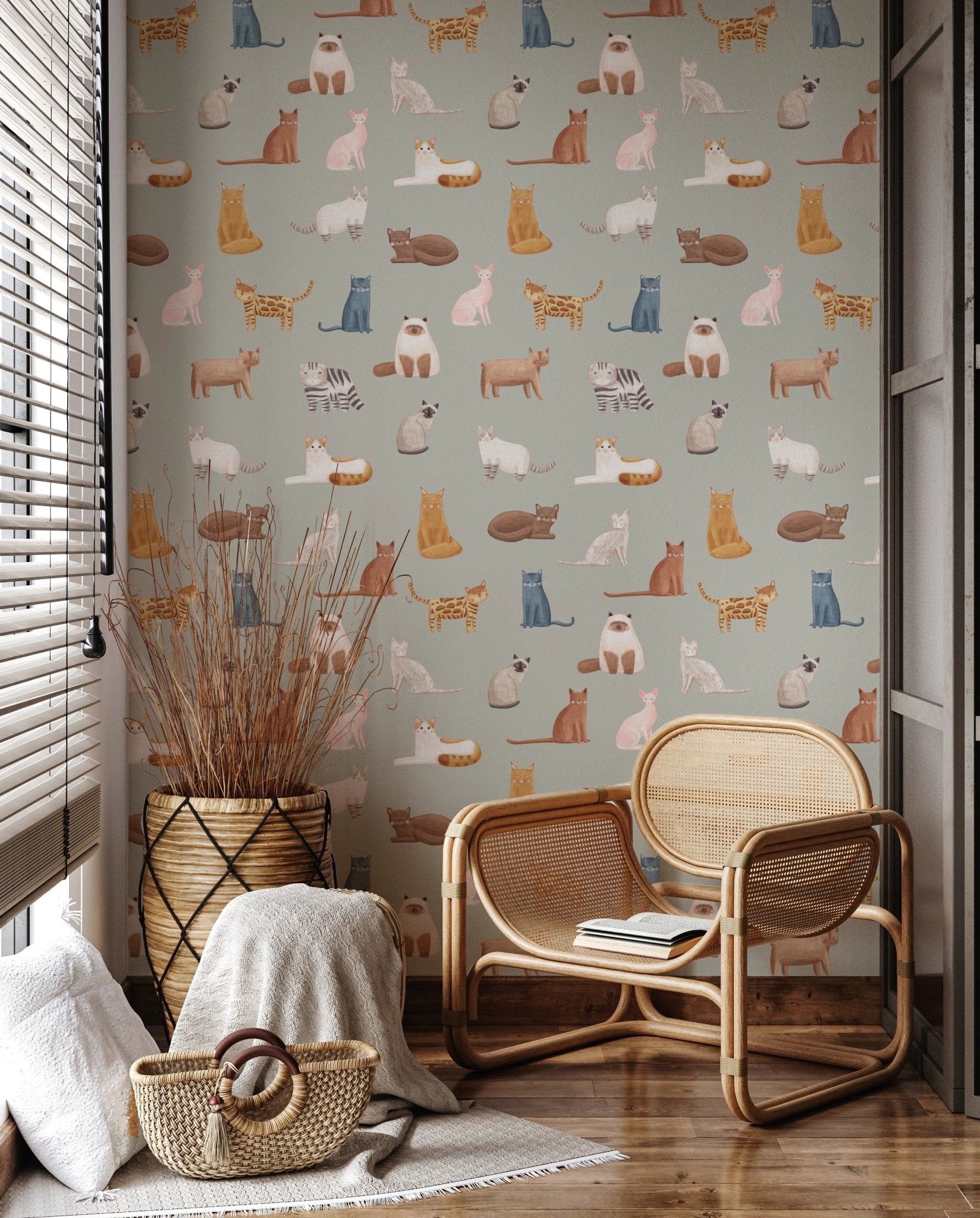 Soft sage feline print for kids room wall mural
