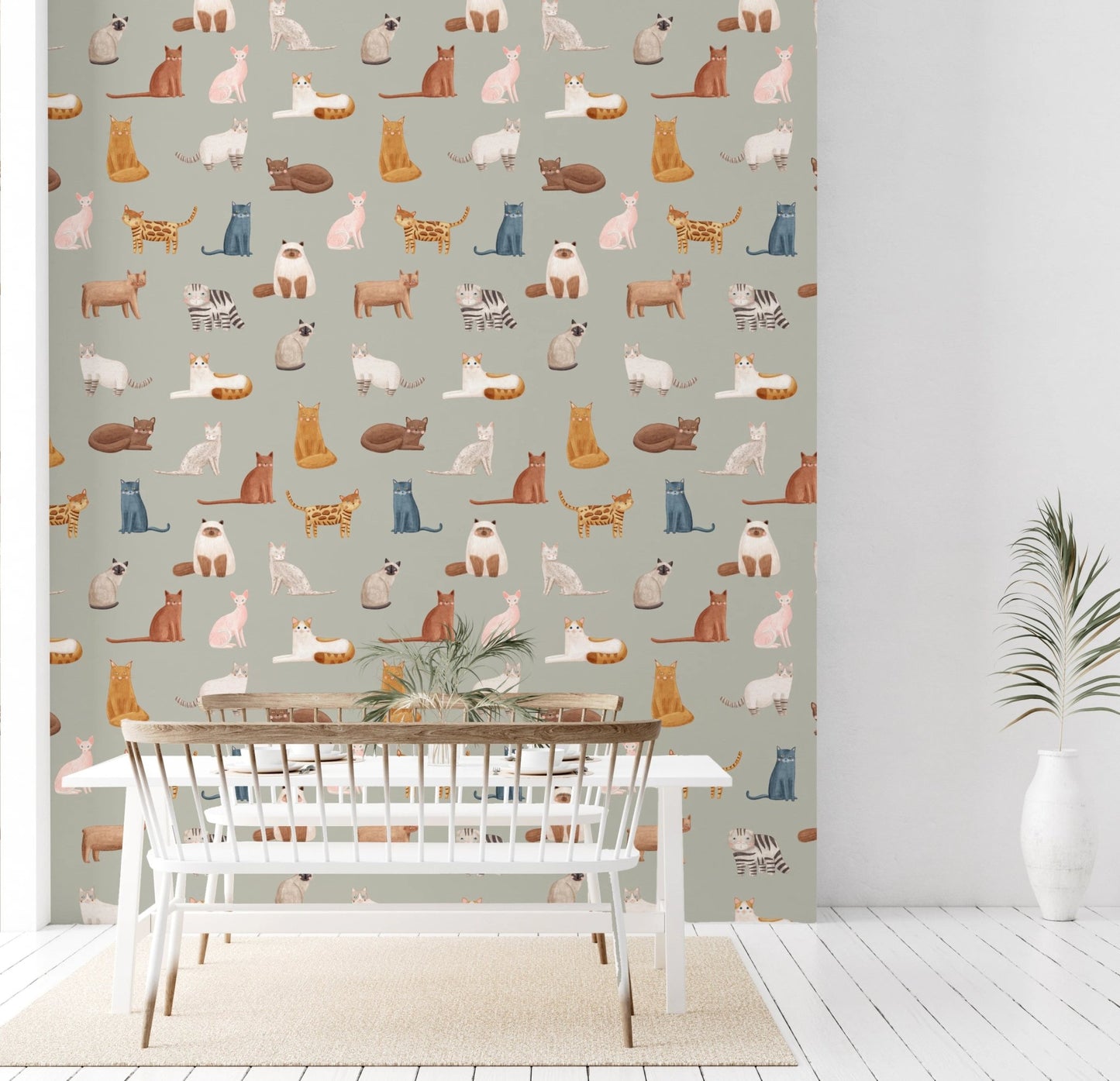 Playful tabby and siamese cat pattern wall mural