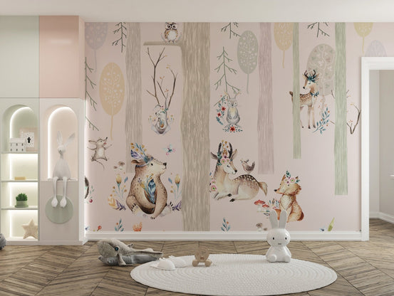 Fantastical Forest Realms Wall Murals with bear and deer in a playroom.