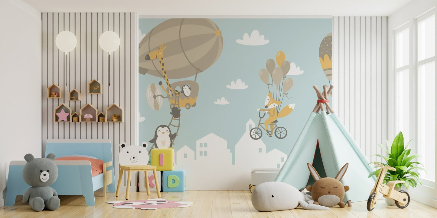 Penguin and fox in whimsical balloon safari



