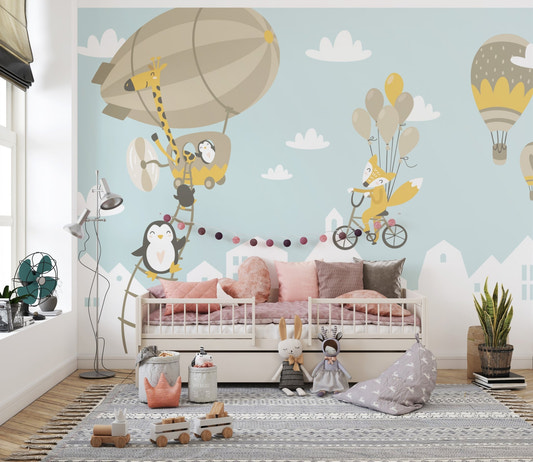 Fantasy Balloon Safari with Fox and Penguin Murals on a blue nursery