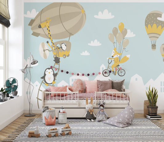 Fantasy Balloon Safari with Fox and Penguin Murals on a blue nursery