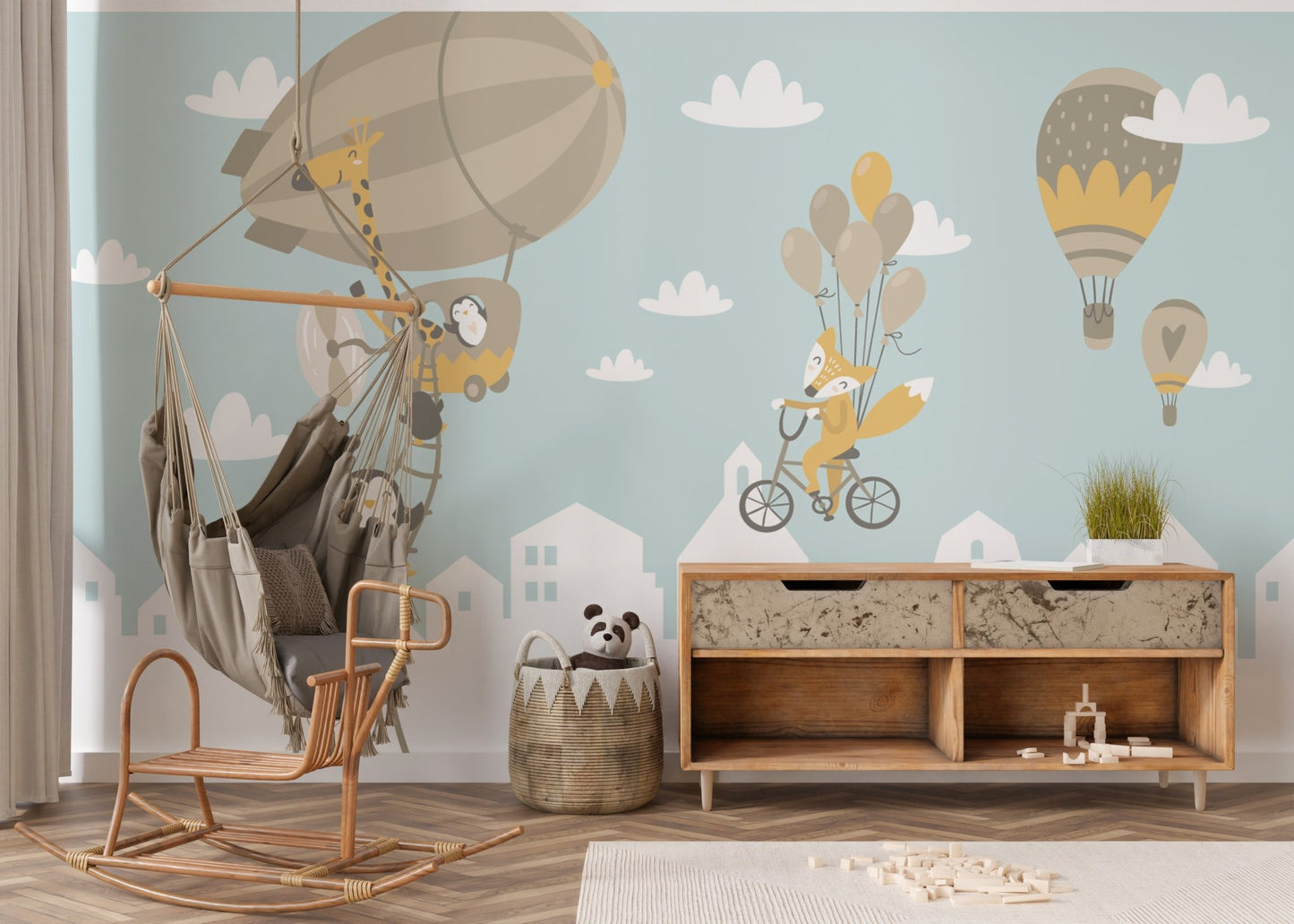 Fox and penguin in fantasy balloon wallpaper
