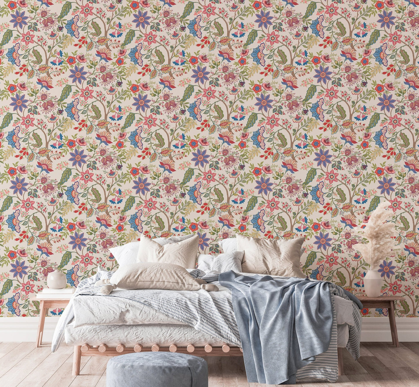 Bedroom wallpaper with fantasy flowers retro vintage jacobean embroidery style pattern.