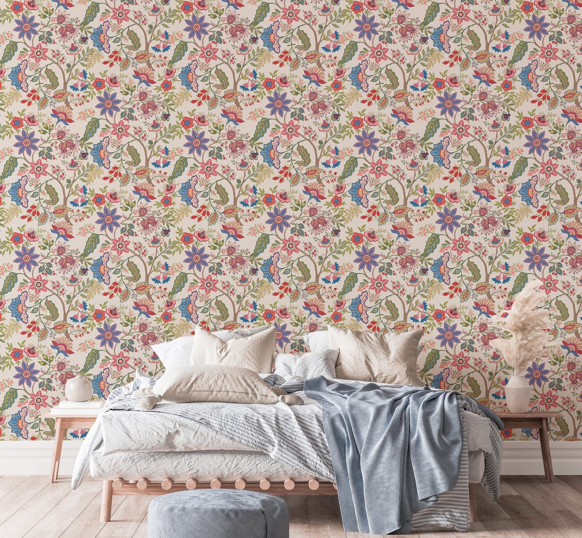 Bedroom wallpaper with fantasy flowers retro vintage jacobean embroidery style pattern.