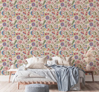 Bedroom wallpaper with fantasy flowers retro vintage jacobean embroidery style pattern.