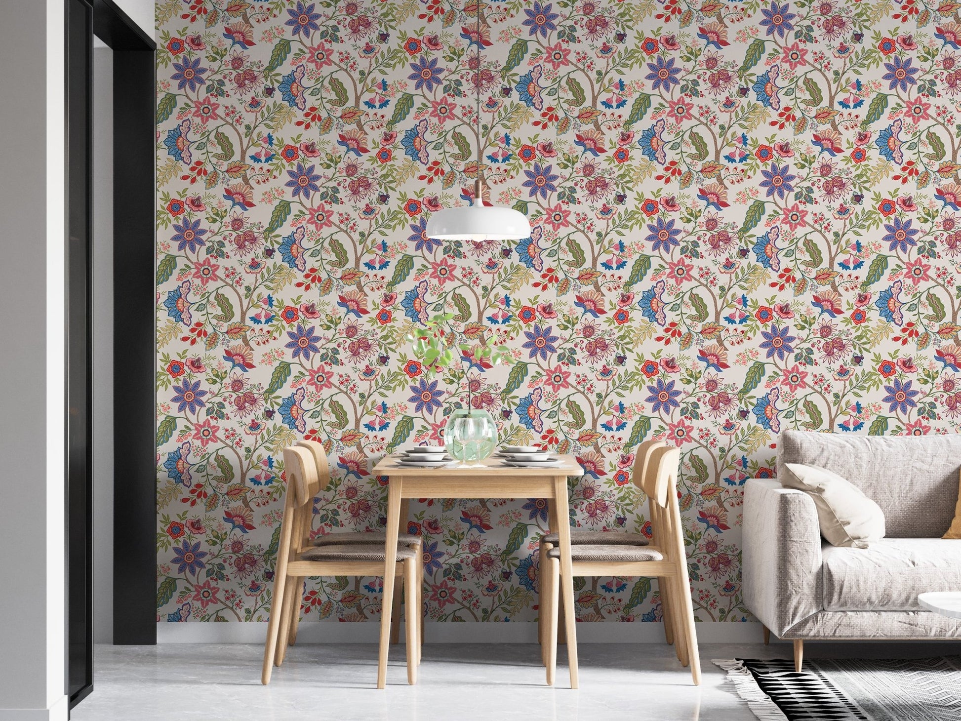 Modern dining area with a large scale jacobean embroidery style wallpaper.
