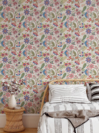 Daybed with white pillows against fantasy flowers retro vintage jacobean wallpaper.