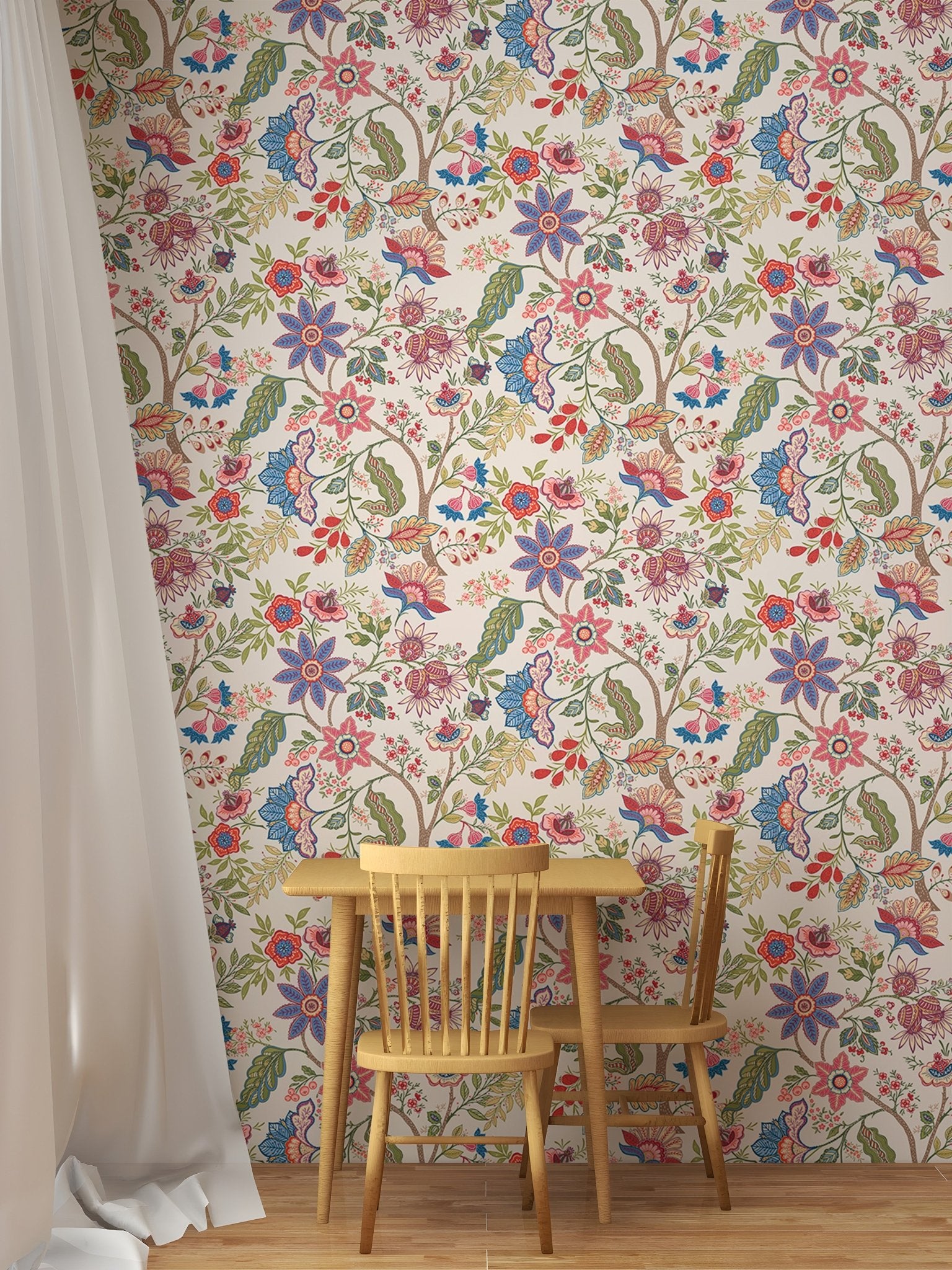 Small dining room with wooden table and chair set in front of a colorful flower  wallpaper.