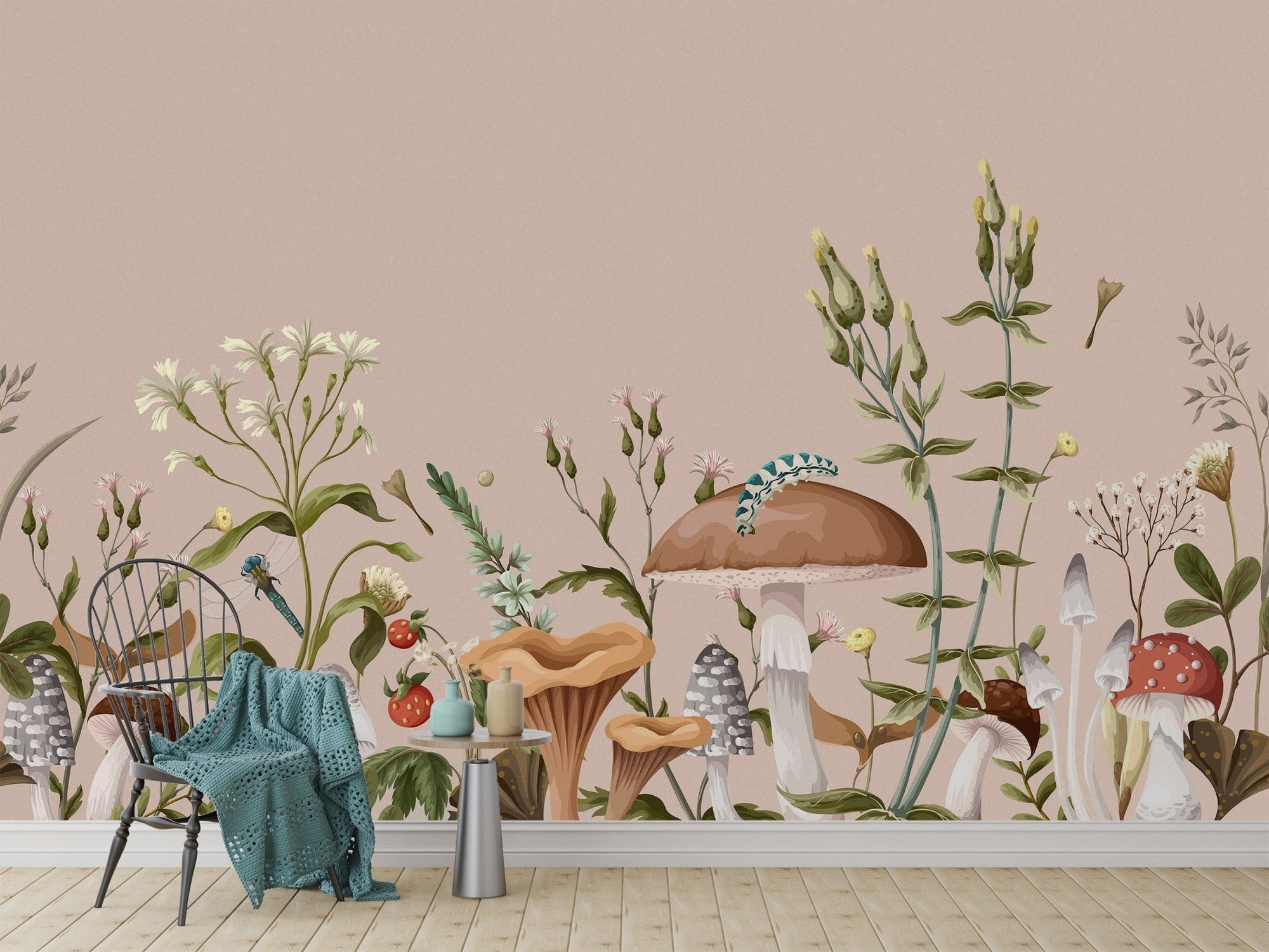 Fantasy mushroom garden wallpaper with illustrated forest plants.