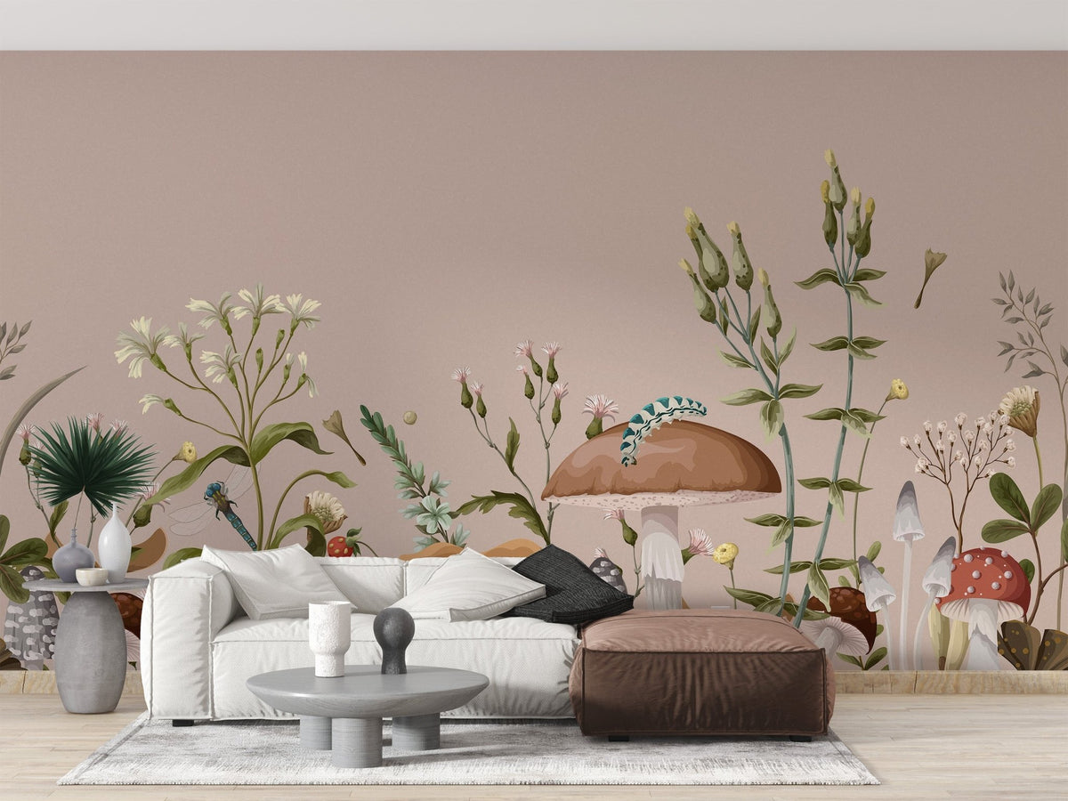 Fantasy mushroom garden wallpaper with delicate woodland details.