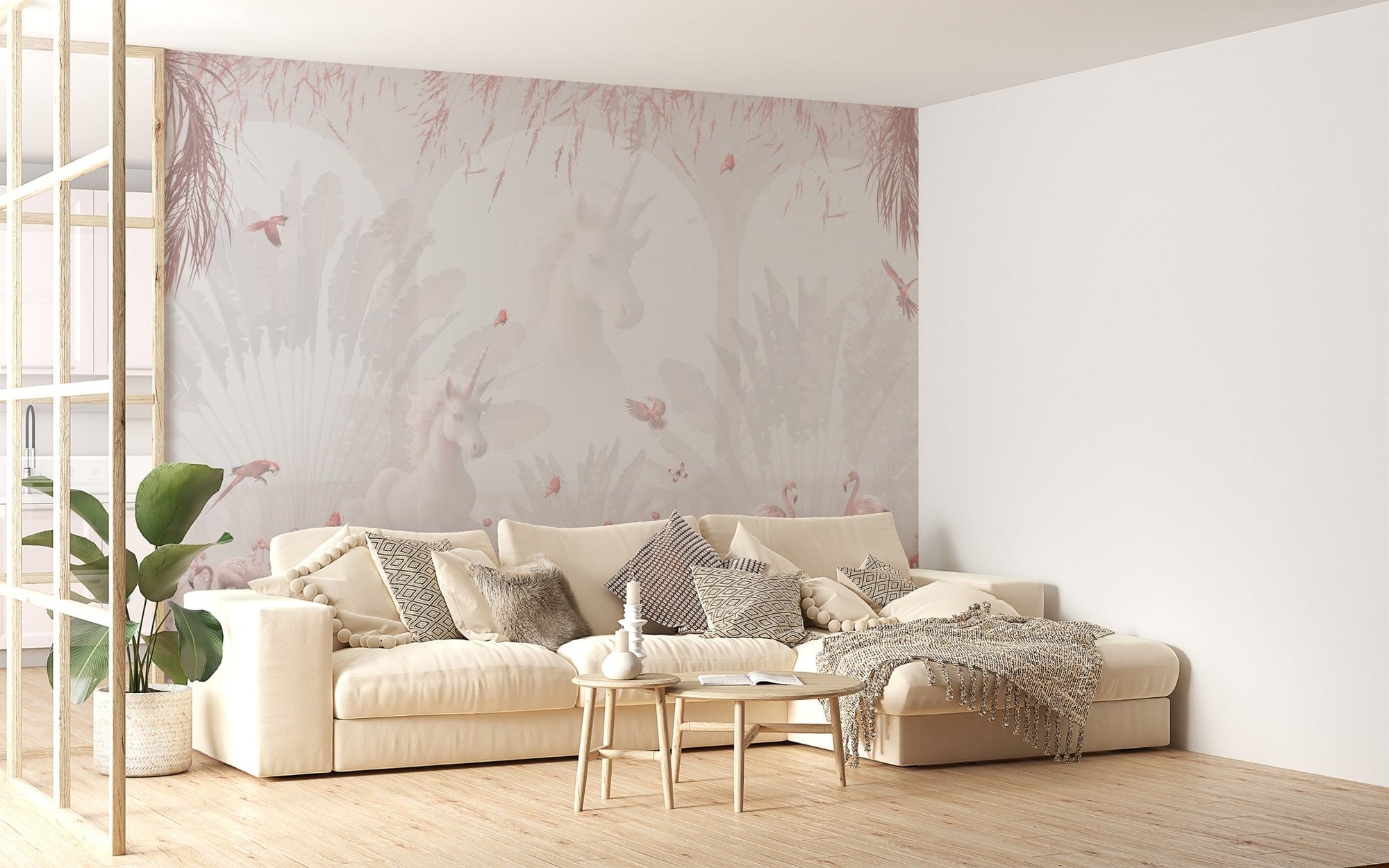 Ethereal white unicorn wall mural featuring soft pastel botanical elements.