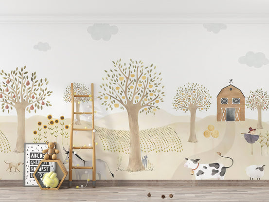 Farm animals adventure wall mural with donkey cow barn wallpaper.