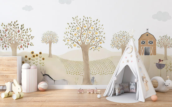Children farm adventure wallpaper mural with gentle earth tones.