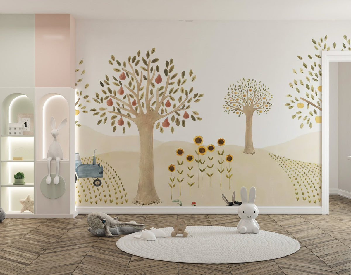 Farm themed nursery mural with apple trees.