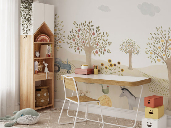 Farm animals kids wallpaper mural with donkey and tractor.