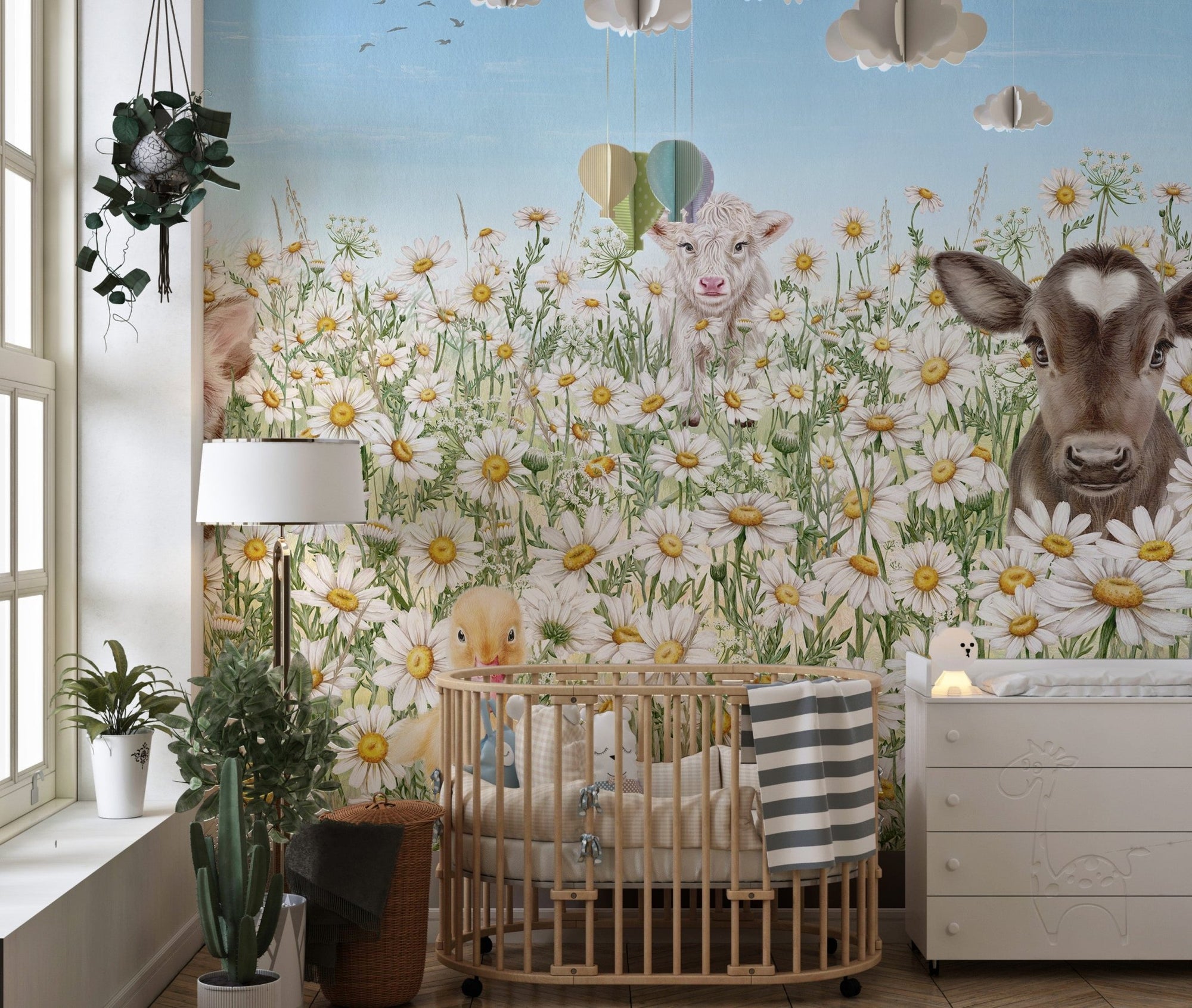 Farm animals wallpaper mural featuring a piglet, duckling, and calves in daisies.