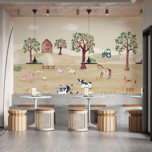 Watercolor farm life wallpaper mural with cows and sheep.