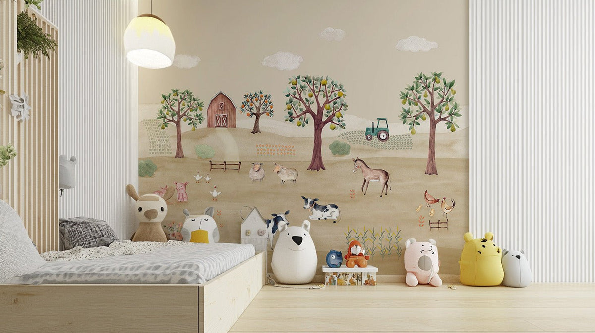 Whimsical farm life wall mural with fluffy sheep and floating clouds.