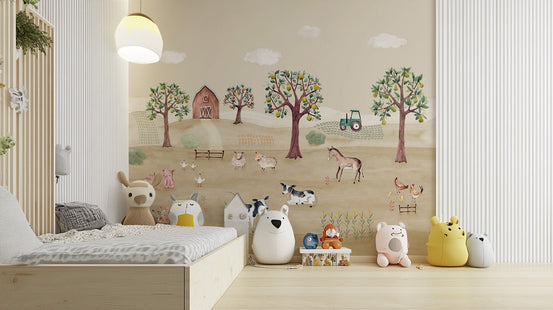 Whimsical farm life wall mural with fluffy sheep and floating clouds.