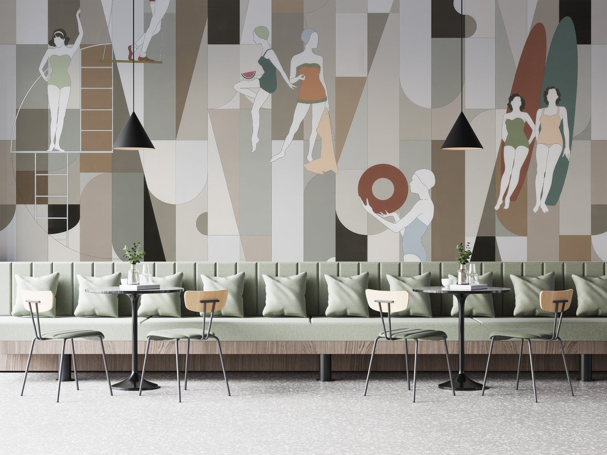 Fashion store wall mural with retro swimmers and geometric wallpaper design.